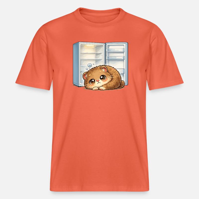 Petit chat devant un réfrigérateur ouvert -  T-shirt unisexe RELAXED FIT en coton bio - rouge clair