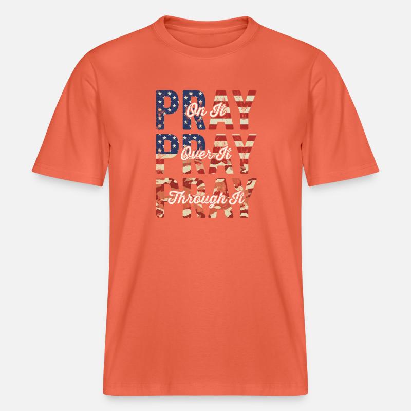 Pray On It Over It Through It – Flag Pattern - RELAXED FIT Unisex Organic T-Shirt - light red
