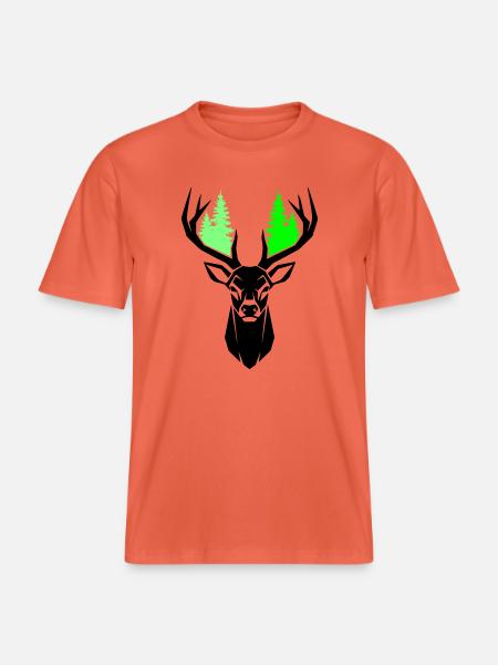 Deer Head Fir Trees Natural Green -  RELAXED FIT Unisex Organic T-Shirt - light red