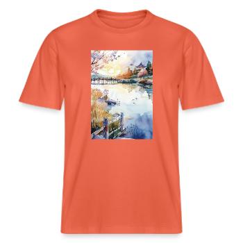 Pastel Lake und Herbstpagode -  RELAXED FIT Unisex Organic T-Shirt - Hellrot - Vorne - Alina (178cm) & Michal (187cm)
