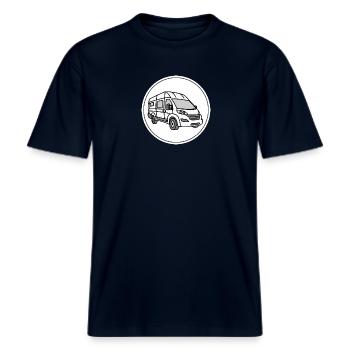 Camping-Kastenwagen / Van in rundem weißen Logo -  RELAXED FIT Unisex Organic T-Shirt - Navy - Vorne - Alina (178cm) & Michal (187cm)