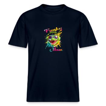 Funky Mum. anniversaire, fêtes des mères. Croco -  T-shirt unisexe RELAXED FIT en coton bio - marine - Devant - Alina (178cm) & Michal (187cm)