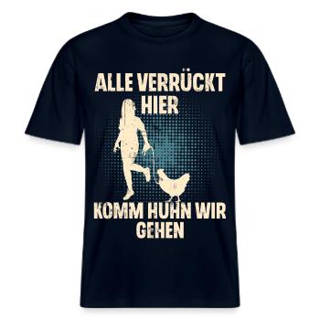 Alle Verrückt Hier Komm Huhn Wir Gehen Hühner -  RELAXED FIT Unisex Organic T-Shirt - Navy - Vorne - Alina (178cm) & Michal (187cm)