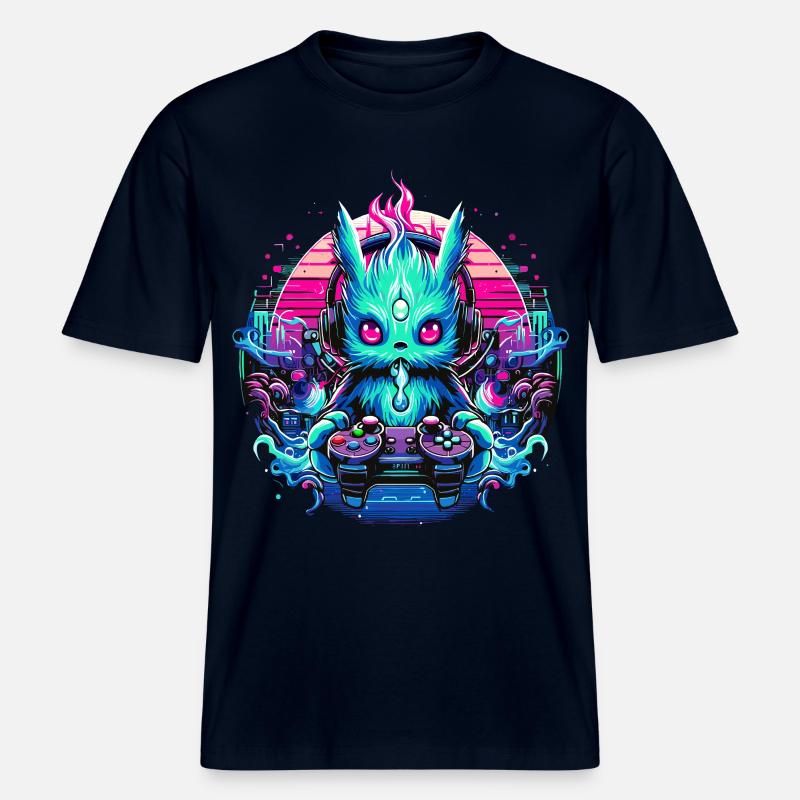 Synthwave Zocker Gaming Alien - RELAXED FIT Unisex Organic T-Shirt - Navy
