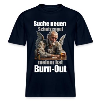 Suche neuen Schutzengel Burn-Out Spruch -  RELAXED FIT Unisex Organic T-Shirt - Navy - Vorne - Alina (178cm) & Michal (187cm)
