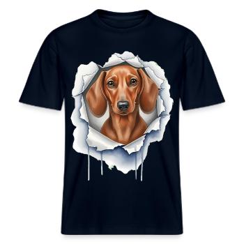 Drôle de teckel jette un coup d’œil hors de la fissure - Chien mignon -  T-shirt unisexe RELAXED FIT en coton bio - marine - Devant - Alina (178cm) & Michal (187cm)