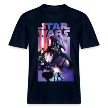 Star Wars Darth Vader Motiv Mit Rotem Lichtschwert -  RELAXED FIT Unisex Organic T-Shirt - Navy - Vorne - Alina (178cm) & Michal (187cm)