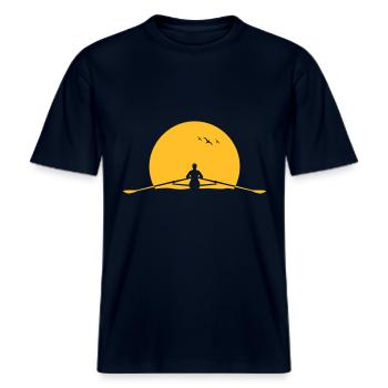 rundern Sonnenuntergang Ruderer Ruderboot Skulls -  RELAXED FIT Unisex Organic T-Shirt - Navy - Vorne - Alina (178cm) & Michal (187cm)