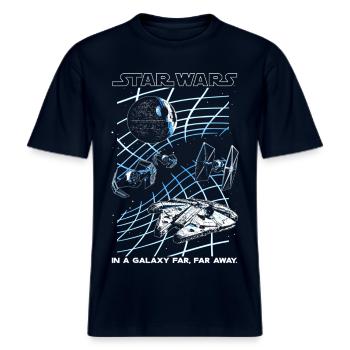 Star Wars Motiv & Spruch In A Galaxy Far, Far Away -  RELAXED FIT Unisex Organic T-Shirt - Navy - Vorne - Alina (178cm) & Michal (187cm)