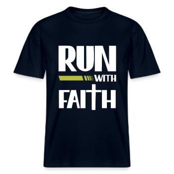 Laufen Mit Glauben Christlicher Läufer Glaube -  RELAXED FIT Unisex Organic T-Shirt - Navy - Vorne - Alina (178cm) & Michal (187cm)