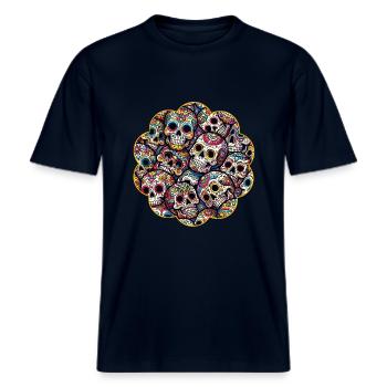 Buntes dekoratives Skullmuster -  RELAXED FIT Unisex Organic T-Shirt - Navy - Vorne - Alina (178cm) & Michal (187cm)