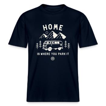 Volkswagen VW T1 Camper Home Is Where You Park It -  RELAXED FIT Unisex Organic T-Shirt - Navy - Vorne - Alina (178cm) & Michal (187cm)