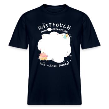 Gästebuch Geburtstag zum Eintragen - Geschenk! -  RELAXED FIT Unisex Organic T-Shirt - Navy - Vorne - Alina (178cm) & Michal (187cm)