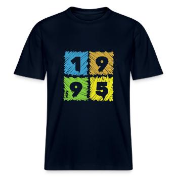 30. Geburtstag Farbige Patches since 05/1995 -  RELAXED FIT Unisex Organic T-Shirt - Navy - Vorne - Alina (178cm) & Michal (187cm)
