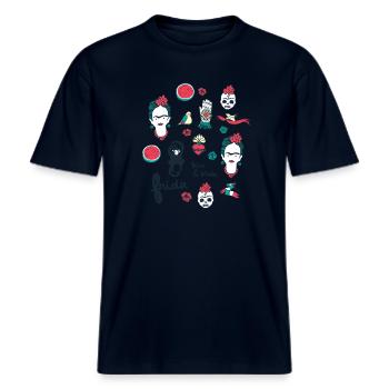 Frida Kahlo Verschiedene Symbole -  RELAXED FIT Unisex Organic T-Shirt - Navy - Vorne - Alina (178cm) & Michal (187cm)