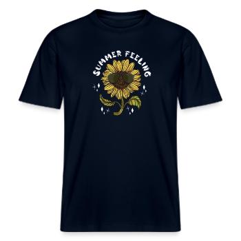 Sonnenblume mit Sonnenbrille Summer Feeling Sommer -  RELAXED FIT Unisex Organic T-Shirt - Navy - Vorne - Alina (178cm) & Michal (187cm)