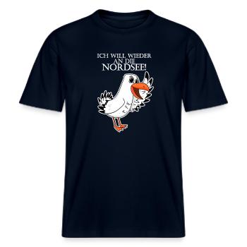 Nordsee Plattdeutsch Spruch Moin Möwe -  RELAXED FIT Unisex Organic T-Shirt - Navy - Vorne - Alina (178cm) & Michal (187cm)