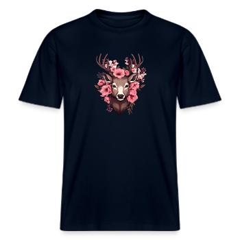 Reh Hirsch mit Blumen Trachten Rehkopf Hirschkopf -  RELAXED FIT Unisex Organic T-Shirt - Navy - Vorne - Alina (178cm) & Michal (187cm)