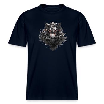 Dunkler Mondwolfmaske -  RELAXED FIT Unisex Organic T-Shirt - Navy - Vorne - Alina (178cm) & Michal (187cm)