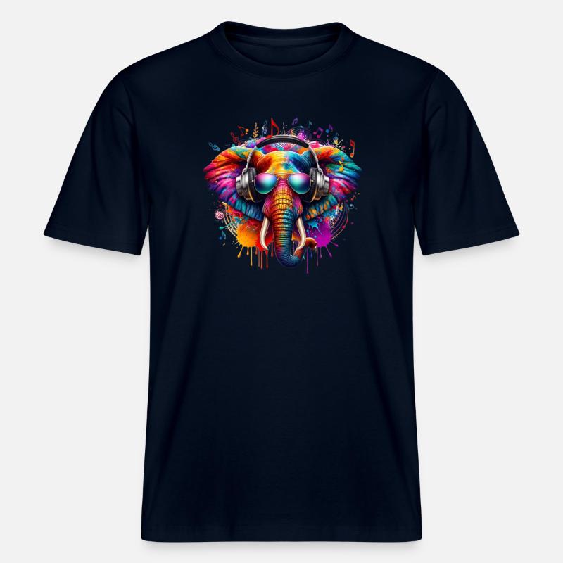 Bunter Elefant mit Kopfhörern - RELAXED FIT Unisex Organic T-Shirt - Navy