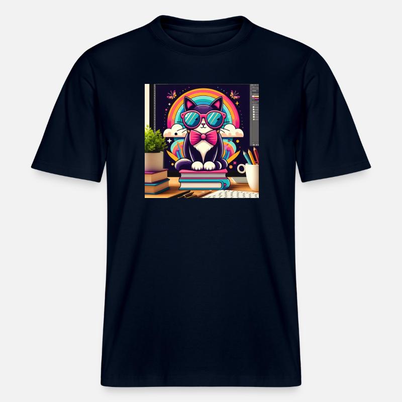 Studious cat with glasses -  RELAXED FIT Unisex Organic T-Shirt - french navy