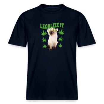Katze Stoned Bekifft Kiffen Hanfblatt Hippie -  RELAXED FIT Unisex Organic T-Shirt - Navy - Vorne - Alina (178cm) & Michal (187cm)