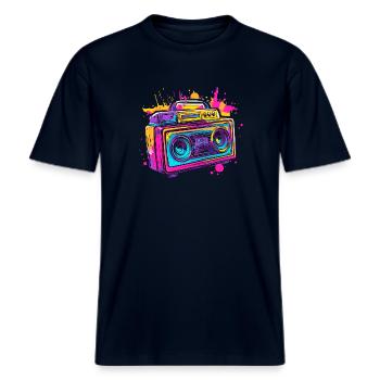 Boom Box Jukebox des années 90 Rétro vintage des années 80 -  T-shirt unisexe RELAXED FIT en coton bio - marine - Devant - Alina (178cm) & Michal (187cm)