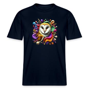Coole Schleiereule mit bunten Farbklecksen -  RELAXED FIT Unisex Organic T-Shirt - Navy - Vorne - Alina (178cm) & Michal (187cm)