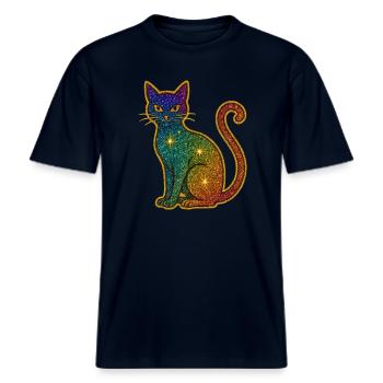 Regenbogen Glitzer Katze zu Halloween -  RELAXED FIT Unisex Organic T-Shirt - Navy - Vorne - Alina (178cm) & Michal (187cm)