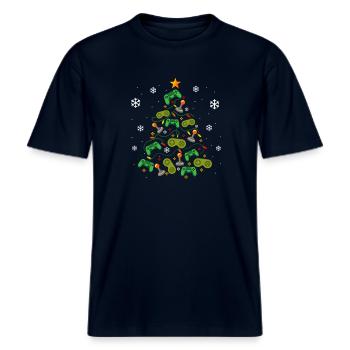 Weihnachtsbaum Controller Gaming Lover Gamer -  RELAXED FIT Unisex Organic T-Shirt - Navy - Vorne - Alina (178cm) & Michal (187cm)