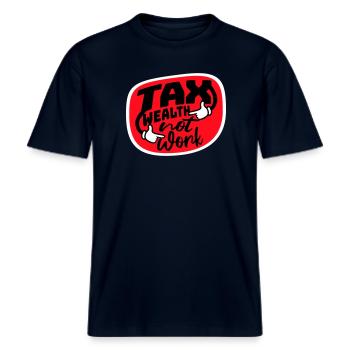 Impôt, richesse et non travail, politique progressiste, économie -  T-shirt unisexe RELAXED FIT en coton bio - marine - Devant - Alina (178cm) & Michal (187cm)