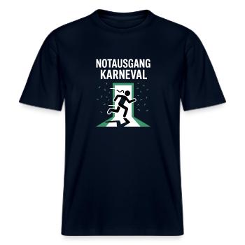 Notausgang Karneval Flucht Für Karnevalsmuffel -  RELAXED FIT Unisex Organic T-Shirt - Navy - Vorne - Alina (178cm) & Michal (187cm)