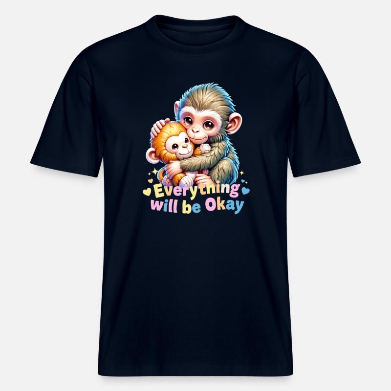 Everything Will Be Okay Monkey Hug - RELAXED FIT Unisex Organic T-Shirt - french navy