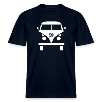 Volkswagen VW Bulli Frontansicht Outlines Weiß -  RELAXED FIT Unisex Organic T-Shirt - Navy - Vorne - Alina (178cm) & Michal (187cm)