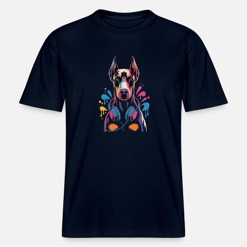 Dobermann mit Kopfhörern -  RELAXED FIT Unisex Organic T-Shirt - Navy