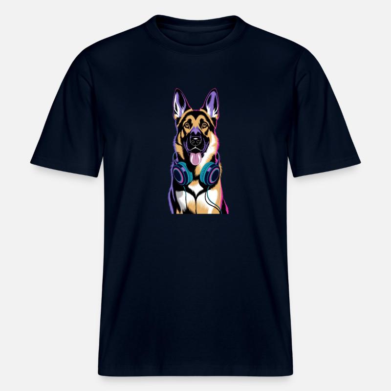 Deutscher Schäferhund mit Kopfhörer - RELAXED FIT Unisex Organic T-Shirt - Navy