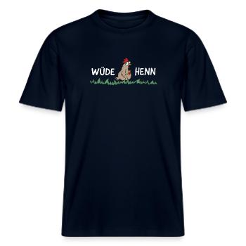 Wüde Henn Hendl Huhn Dialekt -  RELAXED FIT Unisex Organic T-Shirt - Navy - Vorne - Alina (178cm) & Michal (187cm)