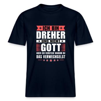 Ich bin Dreher und nicht Gott -  RELAXED FIT Unisex Organic T-Shirt - Navy - Vorne - Alina (178cm) & Michal (187cm)