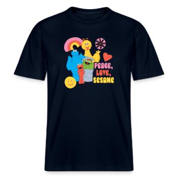 Sesamstraße Peace, Love, Sesame -  RELAXED FIT Unisex Organic T-Shirt - Navy - Vorne - Alina (178cm) & Michal (187cm)