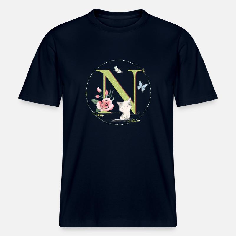 Lettre initiale N avec chat - T-shirt unisexe RELAXED FIT en coton bio - marine