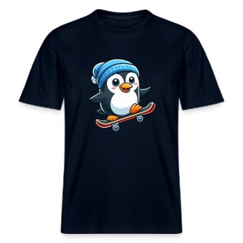 Funny Penguin Skateboarding Skate Comic Cartoon -  RELAXED FIT Unisex Organic T-Shirt - french navy - Front - Alina (178cm) & Michal (187cm)