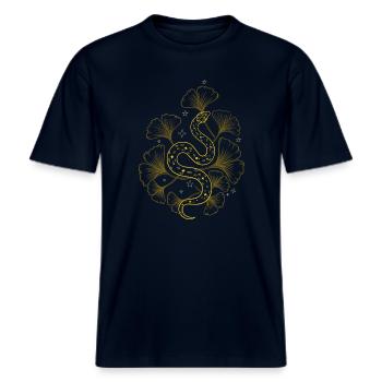 Schlange mit Ginkgo im Frühling -  RELAXED FIT Unisex Organic T-Shirt - Navy - Vorne - Alina (178cm) & Michal (187cm)