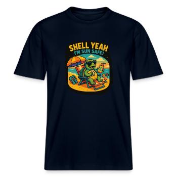 Carapace – Tortue sans danger pour le soleil -  T-shirt unisexe RELAXED FIT en coton bio - marine - Devant - Alina (178cm) & Michal (187cm)