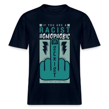 Fuck off! -  RELAXED FIT Unisex Organic T-Shirt - Navy - Vorne - Alina (178cm) & Michal (187cm)