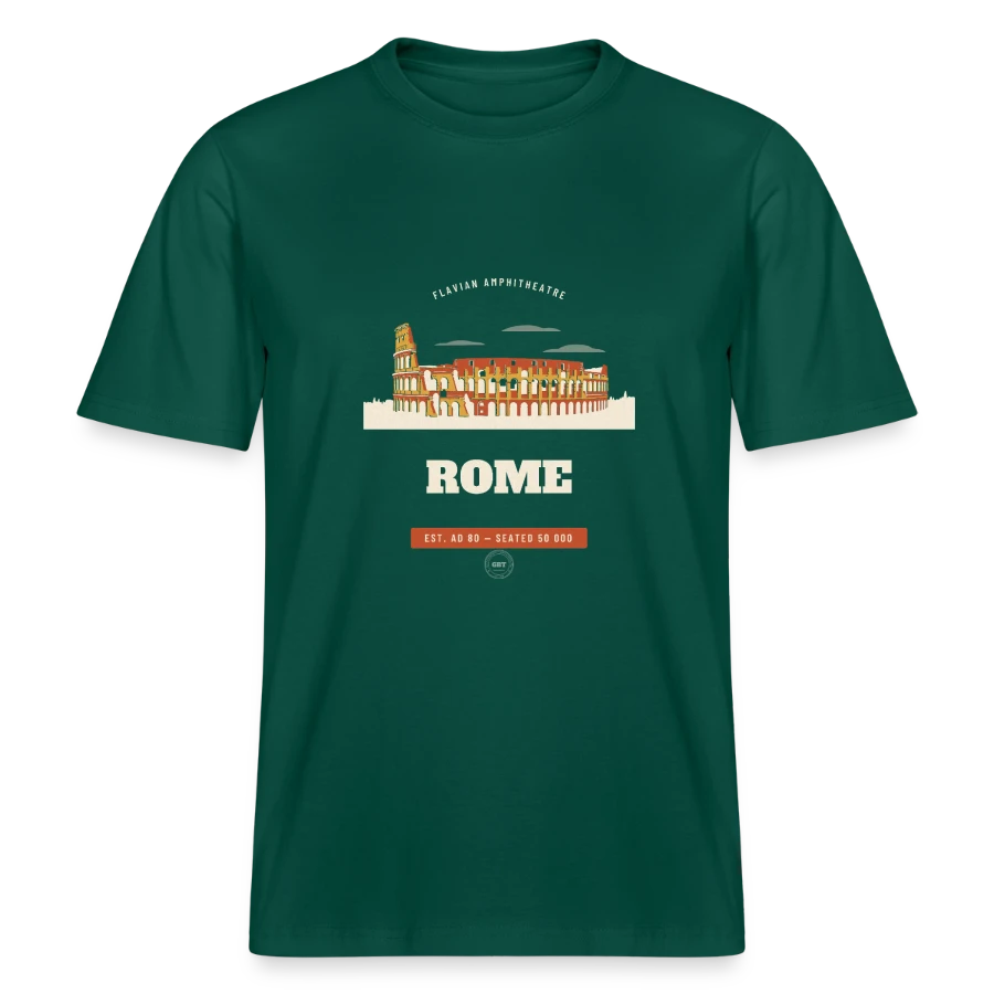 Rome badge on a  relaxed fit unisex organic t-shirt, forest, front