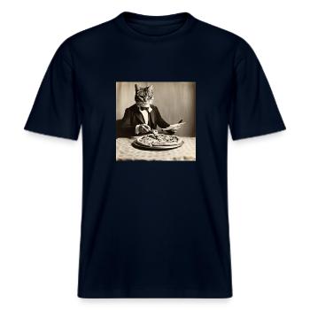 Katze / Tier / Foto / Sepia / Retro / Pizza -  RELAXED FIT Unisex Organic T-Shirt - Navy - Vorne - Alina (178cm) & Michal (187cm)