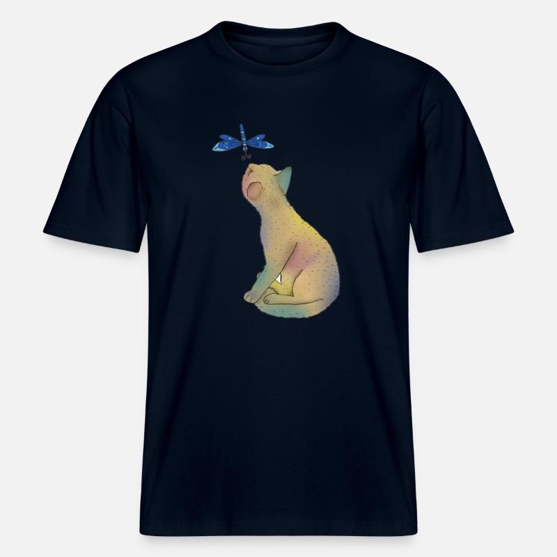Katze mit blauer Libelle -  RELAXED FIT Unisex Organic T-Shirt - Navy