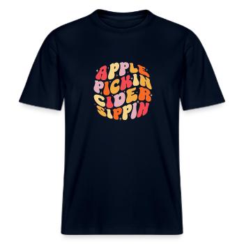 Apple Pickin Cider Sippin Groovy Apple Cider -  RELAXED FIT Unisex Organic T-Shirt - french navy - Front - Alina (178cm) & Michal (187cm)