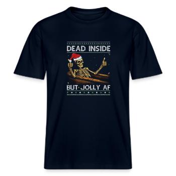 Citation drôle de squelette de Noël - Mort à l’intérieur mais joyeux -  T-shirt unisexe RELAXED FIT en coton bio - marine - Devant - Alina (178cm) & Michal (187cm)