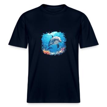 Dolphin Delfine Delfin -  RELAXED FIT Unisex Organic T-Shirt - Navy - Vorne - Alina (178cm) & Michal (187cm)